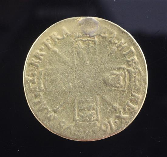 A William III gold guinea, 1698, 8.2g, plugged and worn